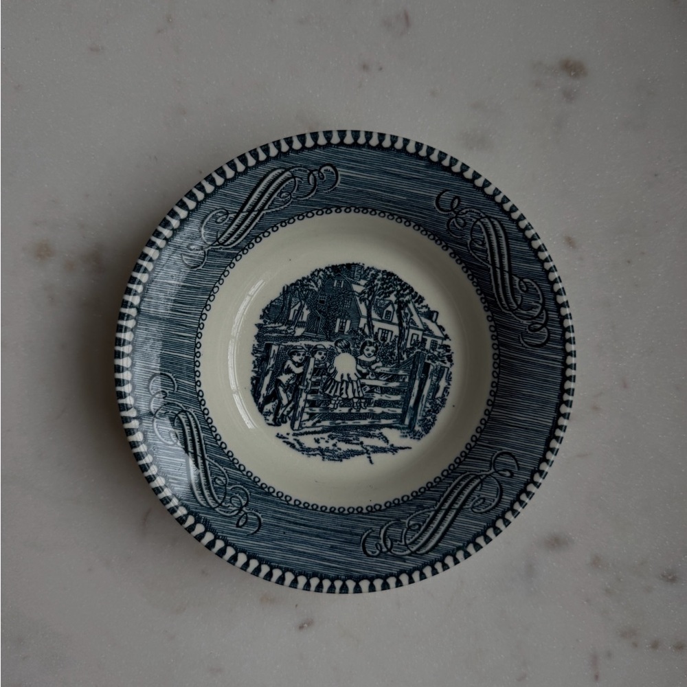 Vintage Blue Transferware Saucer with Pastoral Scene